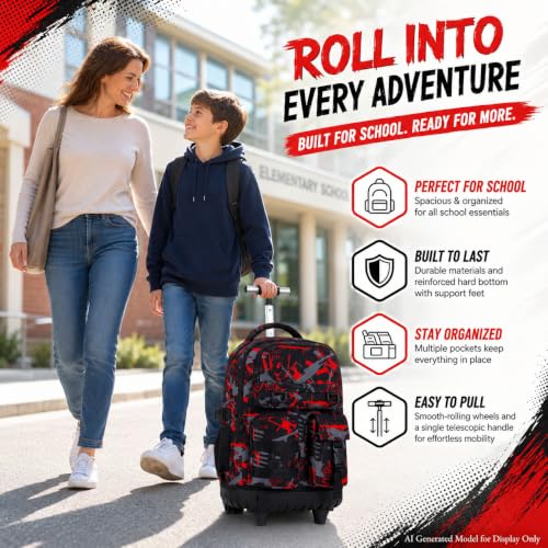 Image of CCJPX 3Pcs Rolling Backpack for Boys, Roller Wheeled School Bookbag, Graffiti Wheels Backpacks with Lunch Box for Kids (Red)