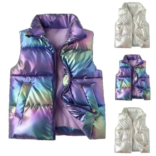 Girls Puffer Vest Stand Collar Zipper Iridescent Glossy Winter Kids Vest - image 1