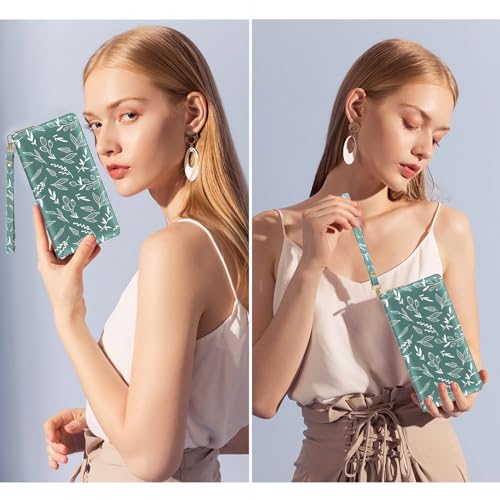 Image of Nipichsha Womens Wallet, RFID Wristlet Wallet for Women, Cute Ladies Purse, Large Card Clutch Purse with Phone Holder, Morandi Green Leaf