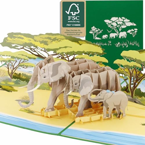 design3dkarten® Elefant, Safari, Zoo, Reisegutschein, Afrika-Urlaub, 3d Klappkarte, Pop Up Karte, Glückwunschkarte, Grußkarte, Geschenkkarte