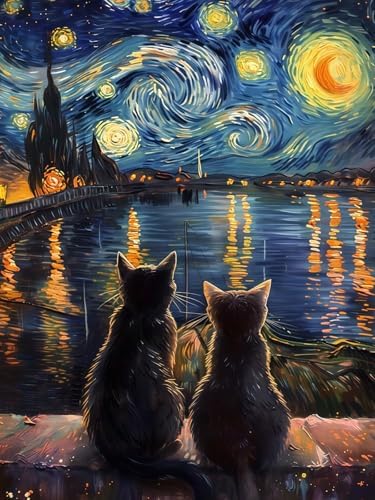 Starry Night 4 Diamond Painting Kits for Adults, The Starry Night Cats 5D Diamon...