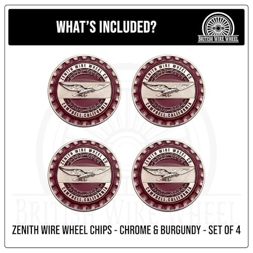 Image of Zenith Chrome & Burgundy Metal Wheel Chip Emblems (Set of 4) | Triple Chrome Plated Solid Metal Wheel Chip Emblems, 2.25 inch | For Lowriders with Cut or Recessed Knock Off Spinner Caps