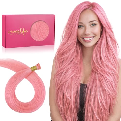 WENNALIFE I Tip Hair Extensions Human Hair, 25g 25s 20 inch Peach Pink Remy Itip Human Hair Extensions Invisible Itips Straight I Tips Fusion Extensions Real Human Hair
