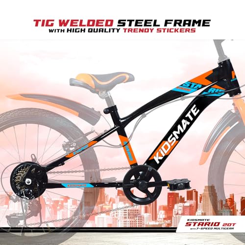 Image of Kidsmate Stario Bike 20T 7 Speed Kids Cycle | Frame Size 12 Inch | Gear Bicycle for Boys & Girls of Ages 7 to 10 Yrs - Black /Orange