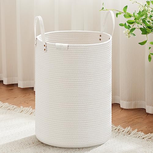 Image of VIPOSCO 72L Tall Woven Rope Laundry Hamper, Leather Handles, White | Large Wicker Laundry Basket for Dirty Clothes, Blanket, Toy, Towel, Yoga Mat, Storage Bin in Bedroom, Bathroom, Living Room