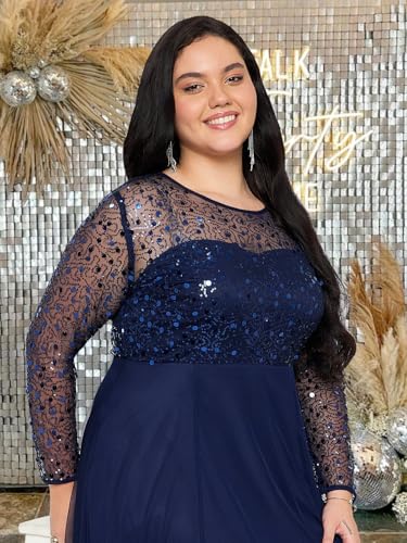 Image of wild U Women Plus Size Gown Dress | Embellished | Sequinned | Non Itch Finish | Sleeves | Cocktail (Navy Blue, Size: 3XL to 8XL)