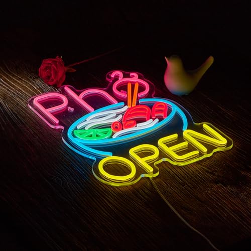 Image of Vietnamese Pho Open Neon Sign Dimmable USB Powered LED Ramen Bowl Open Signs for Restaurant Business Food Truck Kitchen Wall Decor Light