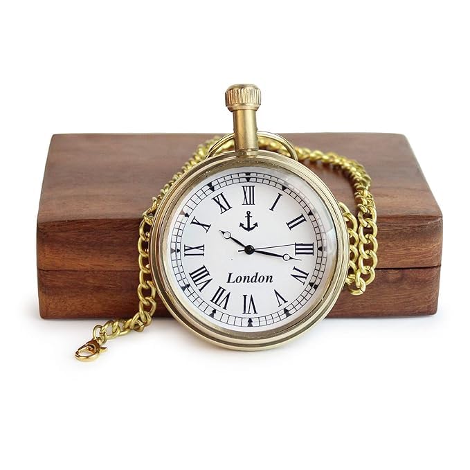 Pocket Antique Watch with Chain Golden Finish Anchor Dial with London Print-image-22
