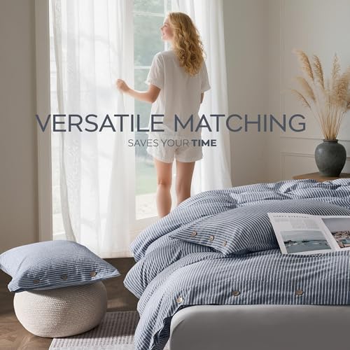 Image of JELLYMONI Cotton Duvet Cover King Size - Blue Vertical Pinstriped Comforter Cover with Button 100% Washed Cotton 3PCS Breathable Soft Solid Bedding Set Duvet Cover 104x90in & 2 Pillowcases