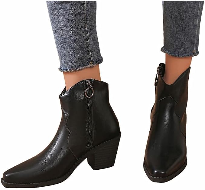 MGGMOKAY Women's Ankle Boots Chunky Heel Short Boot For Women Pointed Toe Western Booties with Zipper Fashion Cowgirl shoes
