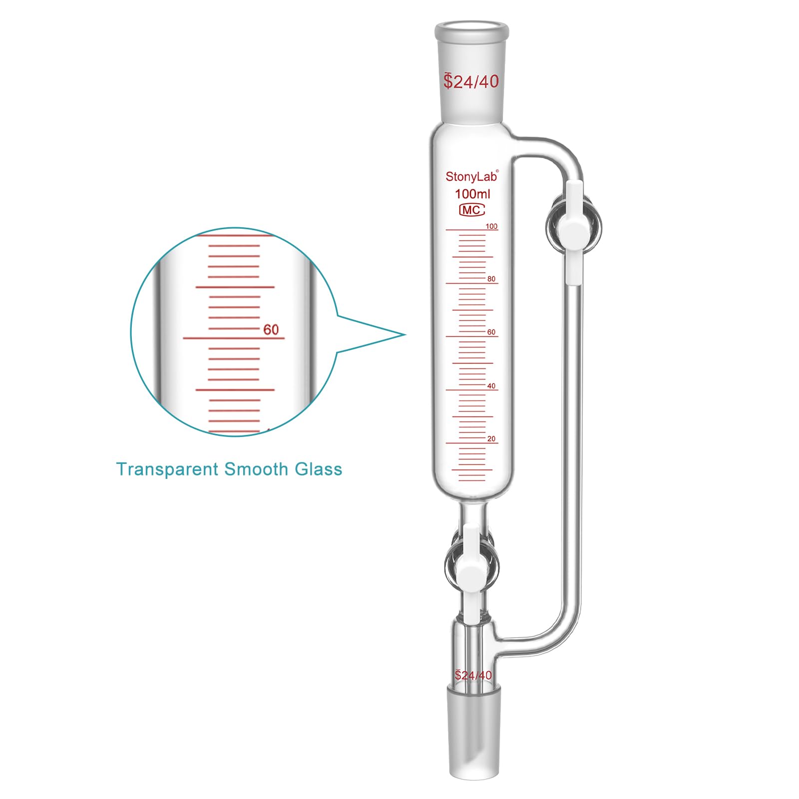 stonylab Druckausgleichs-Zugabetrichter, 24/40 Schliff, Graduierter Tropftrichter aus Borosilikatglas mit 2 PTFE-Hähnen, für Kontrollierte Zugabe im Labor, 100 ml