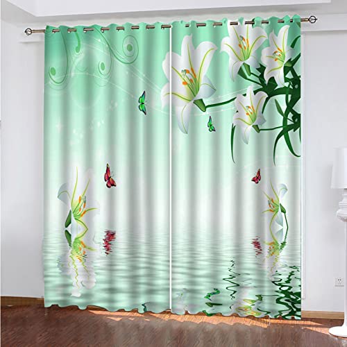 WYXWZ Cortinas Dormitorio Cortinas Opacas Termicas Aislantes Frio y Calor Salon Modernas Cortinas con Ojales para Dormitorio Habitacion Infantil de Ventanas 2 Piezas x 106 x 158 CM Verde y Flores