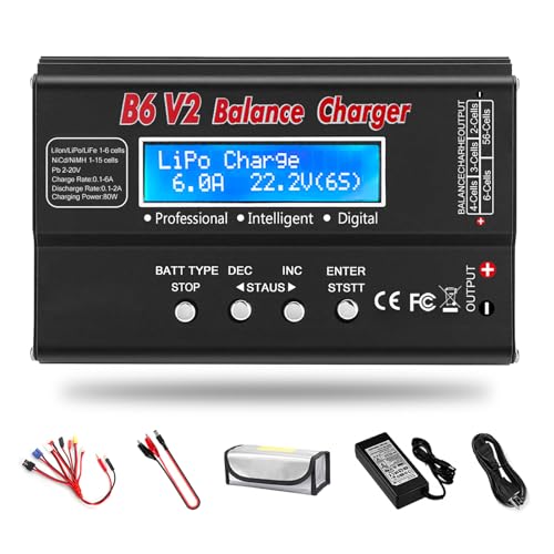 LiPo Battery Charger 1-6S LiPo Life Li-ion Balance Fast Charger Discharger 80W 6A Battery Pack 1-15S NiCD NiMH PB Smart Battery Chargers for RC Car(Black)