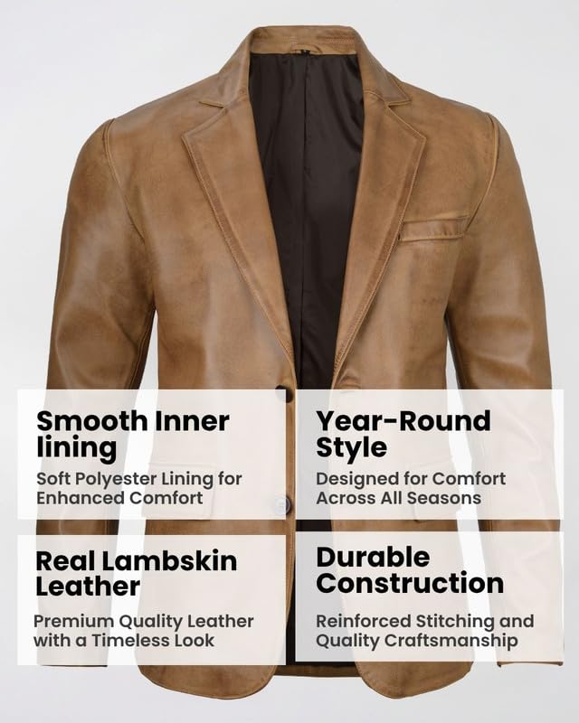 Image of Blingsoul Mens Leather Blazer Jacket - Real Lambskin Sport Coat with Notch Lapel Collar