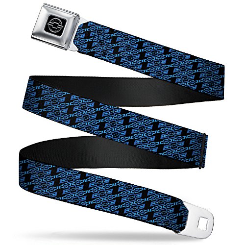Buckle-Down Seatbelt Belt - Diagonal Retro Chevy Bowtie Monogram Black/Blues - 1.0