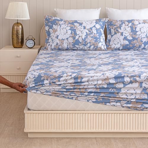 Image of HOMEMONDE 210 TC Cotton Fitted Bedsheet for King Size Bed 84 x 78 Inch, Blossom Haze Design, 2 Matching Pillow Covers & Premium Gift Box Included