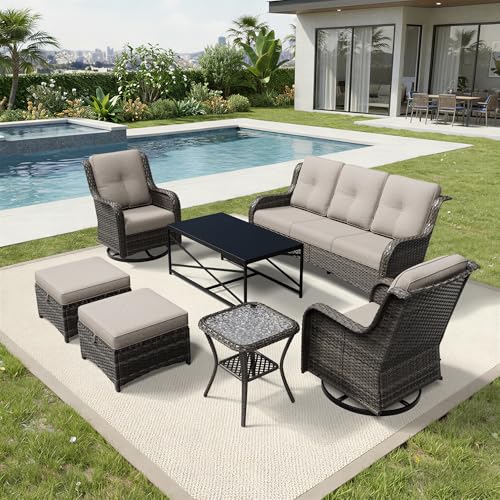 Image of Joyside 7 Piece Wicker Patio Furniture Set, Outdoor Swivel Rocker Patio Chairs with High Back, Deep Seating, Wide Armrest, Thickened Cushions, Outdoor Furniture for Deck, Porch Use