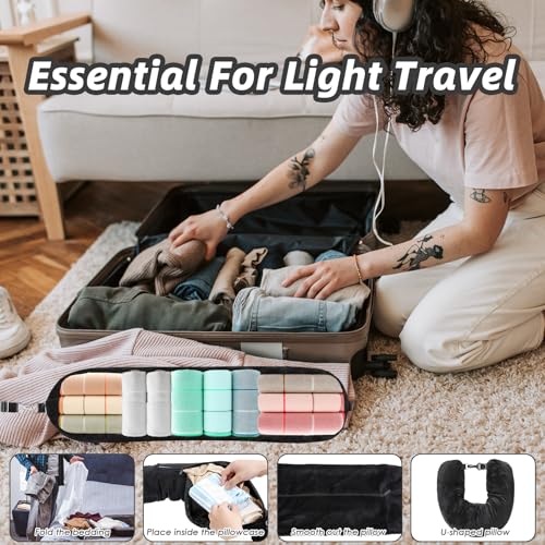 XXHUO Stuffable Neck Pillow For Travel, Travel Pillow With Adjustable Straps Neck Cushion Stuffable With Clothes Airplane Travel Pillows For Adults For Extra Luggage Travel Essentials Black