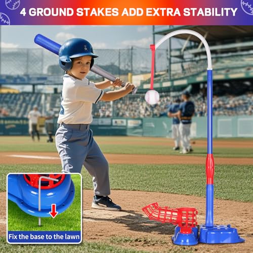 Exergoo-4-in-1-T-Ball-Set-Height-Adjustable-Tee-Ball-Set-with-6-Baseballs-Kids-Baseball-Tee-for-4-8Indoor-Outdoor-Sports-Toys-for-Boys-BlueTball-BatBatting-TeeHanging-TeePitching-Machine Exergoo 4 in 1 T Ball Set Height Adjustable Tee Ball Set with 6 Baseballs Kids Baseball Tee for 4 8Indoor Outdoor Sports Toys for Boys BlueTball BatBatting TeeHanging TeePitching Machine