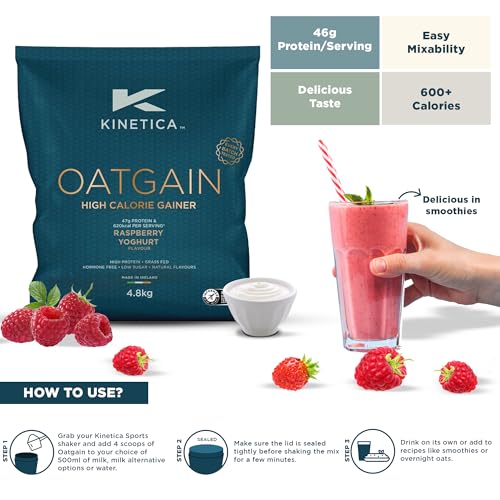 Kinetica Sports OatGain Weight Gainer - Raspberry Yoghurt Flavour | 630 Cal, 46g Protein & 82g Carbs/Serve, 30 Servings/4.8Kg | Optimum Grass Fed Protein Supplement | High Calorie & Easy Mixability - Image 5