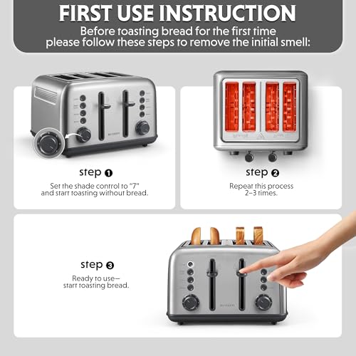 Image of BUYDEEM DT640 Retro 4 Slice Toaster, 7 Shade Settings, Extra Wide 1.5'' Slots, Stainless Steel Toaster with Bagel Muffin Defrost Reheat Function, Retro Silver