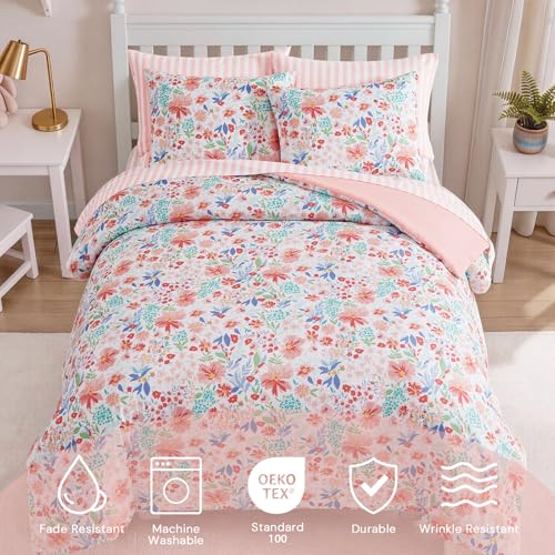 Image of Twin XL Comforter Set with Sheets for Girls-5 Pieces Twin Bedding Sets | Soft Flower Comforter with Pillowcases & Shams, 66 inch X 90 inch