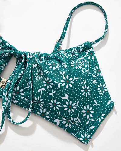 SUUKSESS Women High Waisted String Bikini Sets Sexy Two Piece Cheeky Cutout Swimsuits High Cut Bandeau Bathing Suit(Green White Floral,Small) — view 5