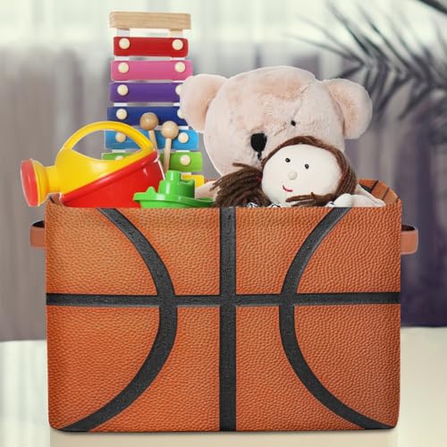 Image of Basketball Texture Storage Baskets for Organizing, Fabric Collapsible Storage Bins Box Sport Pattern Decorative Toy Organizer Baskets for Closet Shelves Gift Basket 1 Pc