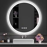 ECYWE Espejo LED Redondo, Espejo de Baño, Botones táctiles Inteligentes con Ajuste de Hora, función de Memoria y desempañado HD, Espejo de Pared...