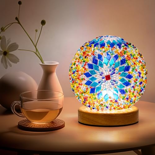Soilsiu Turkish Mosaic Lamp, 3 Color Temperature Tiffany Bedside Lamp with USB Power, Moroccan Glass Lantern Table Lamp for Living Room Decor, Simple Control (D:4.7" x H:5.2") (Blue1)