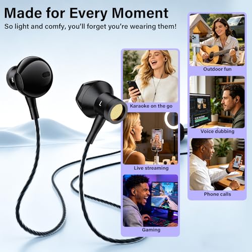 Image of KM08U Sound Card Karaoke Headset with in-Ear Monitoring, Voice Changer, Noise Reduction, Portable All-in-One Karaoke Headphone with Mic, Plug & Play Wired Earbuds for Streaming Recording Singing