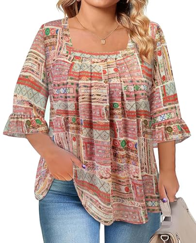 Siddhe Plus Size Womens Tops Boho Square Neck 3/4 Sleeve