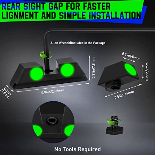 Glow Night Sights in The Dark Aluminum Alloy Sights 3-Dot Front and Rear Handgun Sights Glock Sights for Glock 17, 17L, 19, 22, 23, 24, 26, 27, 33, 34, 35, 38 and 39, NO TRITIUM - with Assembly Tool