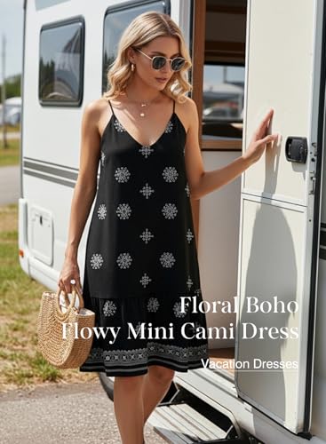 Image of Dokotoo Summer Dresses for Women 2026 Spaghetti Strap Sexy Deep V Neck Smocked Ruffle Flowy Boho Dresses