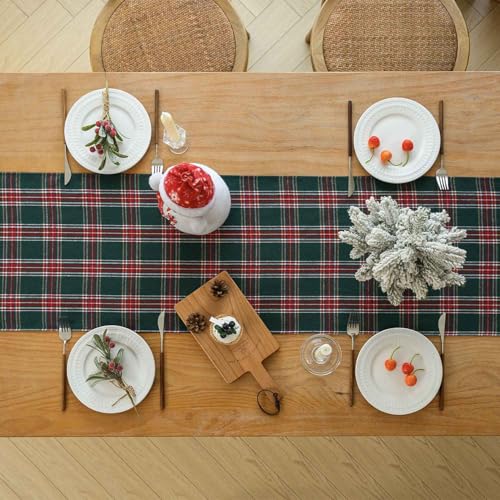 Runner Natalizio da Tavolo Moderno Verde e Rosso Tartan Scozzese Centrotavola Natalizie Decorativi Plaid Christmas Table Runner Addobbi Natalizi per la Casa, Feste 40x180cm - immagine 4