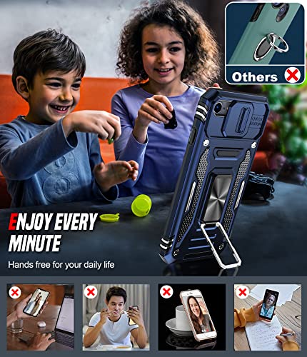 Iphone 8/7/Se 2022 Case: Slide Camera Cover, 2-Pack Tempered Glass, Military-Grade, Kickstand - Navy Blue #TOP4