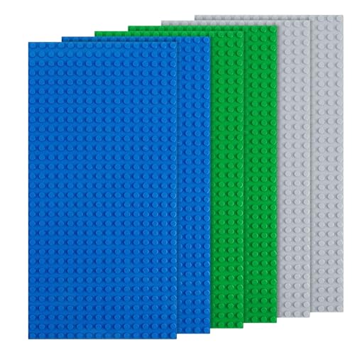 6 Platten-Set Bausteine Grundplatten, Classic Grundplatte 12,9 * 25,6 cm mit 16 × 32 Noppen, Kompatibel mit Meisten Marken, Kompatibel mit Bauplatte Lego Classic,Rechteckige Grundplatte,Grau,Grün,Blau