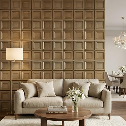 Image of Kayra Decor 3D Wall Panels | PVC Wall Tiles | Square Box Design | Champagne Gold | Pack of 12 (32.28 Sq. Ft.)