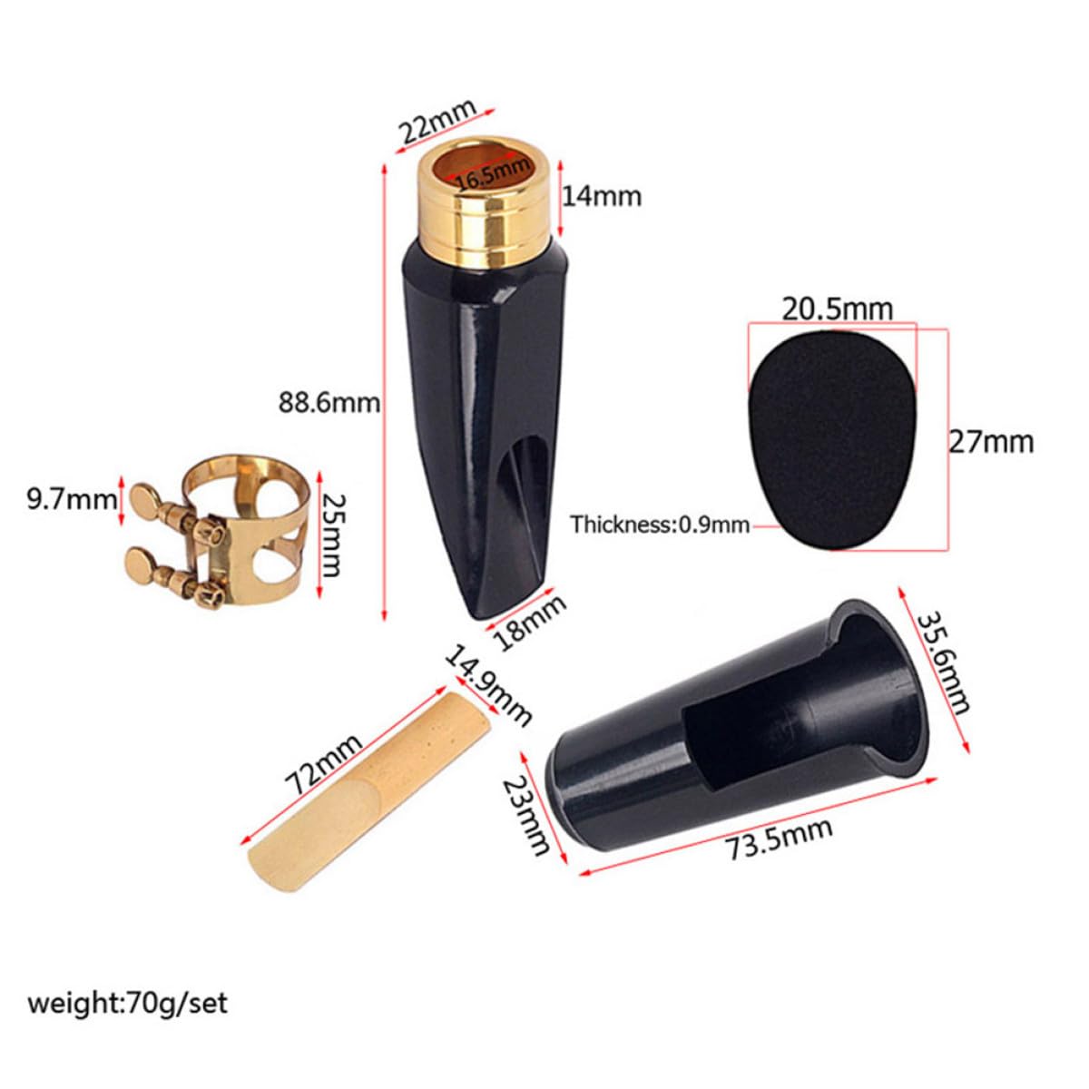 Ciieeo Ensemble D'embouchures Boucle Métallique pour Saxophone Alto avec Anneau en Cuivre et Capuchon Noir, Accessoires pour Fixer la Anche et Garder Propre