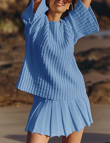 Image of Sweater Set 2 Piece Skirt Sets for Women Two Piece Outfits Casual Loose Knit Pullover Mini Skirt