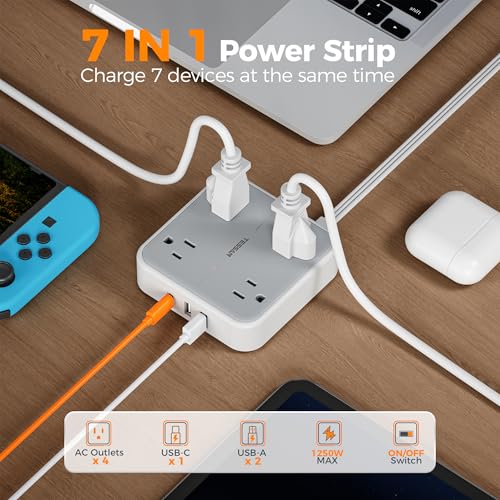 Flat Plug Extension Cord Indoor 5 Ft, Power Bars with Surge Protector, TESSAN Power Strip with 4 Multiple Outlets 3 USB Ports (1 USB C), Surge Protection for Dorm Room Home Office, image 4