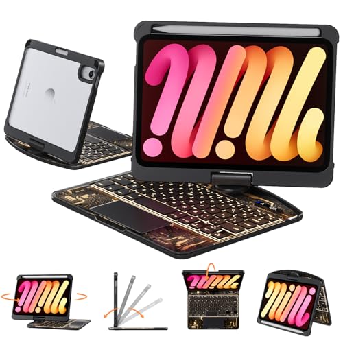 Image of Transparent Case with Keyboard for iPad mini 7 A17 Pro(2024) & Mini 6 (2021) 8.3 inch,7-Color Backlit,Wireless Keyboard, 360Rotating,with trackpad,Pencil Holder,with Shortcuts,Black