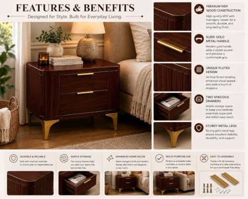 Image of Solid Sheesham Wood Bedside Table for Bedroom & Livingroom | Nightstand End Table with 2 Drawers Storage for Home | Modern & Luxury Design| (Mahoganyn Finish)