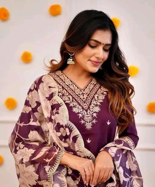 Image of Women's Viscose Rayon Kurta, Pant & Dupatta Set Embroidered Work V Neck 3 /4th Sleeves Straight Salwar Suit Dupatta Set || Comfortable Outfit For Wedding