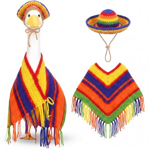 Abbylike 1 Set Mexican Porch Goose Outfits Cinco De Mayo Crochet Goose Fiesta Costume Clothes with Serape Poncho and Sombrero for 23 Cement Geese Statue Yard Garden Lawn Pathway Decor