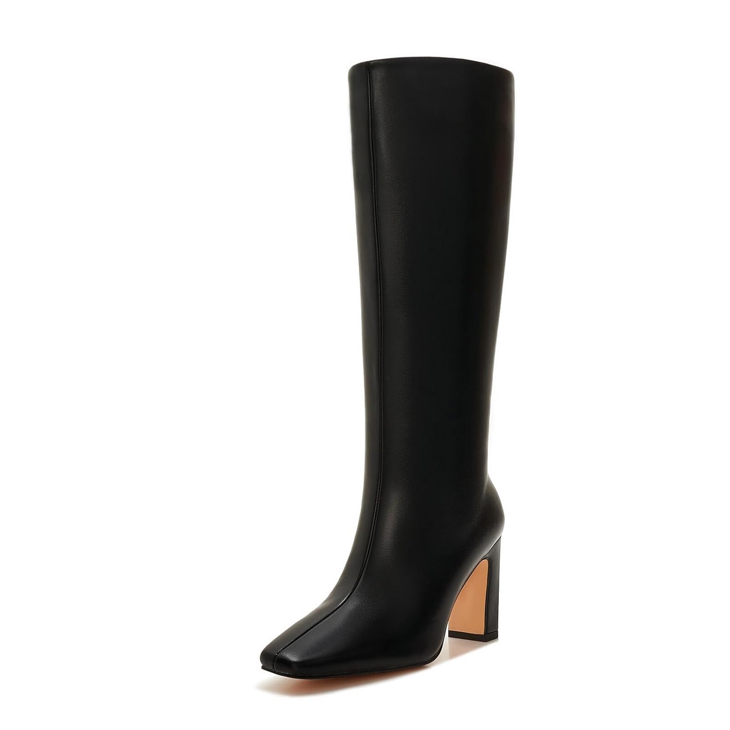 Womens Wide Calf Knee High Boots Square Toe 3 5 Chunky Heel Fashion Faux Leather Tall Dress Boots