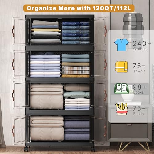 Image of UAMFURI Stackable Storage Bins with Lids, 480QT Closet Organizers and Storage Cabinet with Doors & Wheels, Lockable Plastic Foldable Drawers for Bedroom Dorm Office Garage(120QT*4,Black)