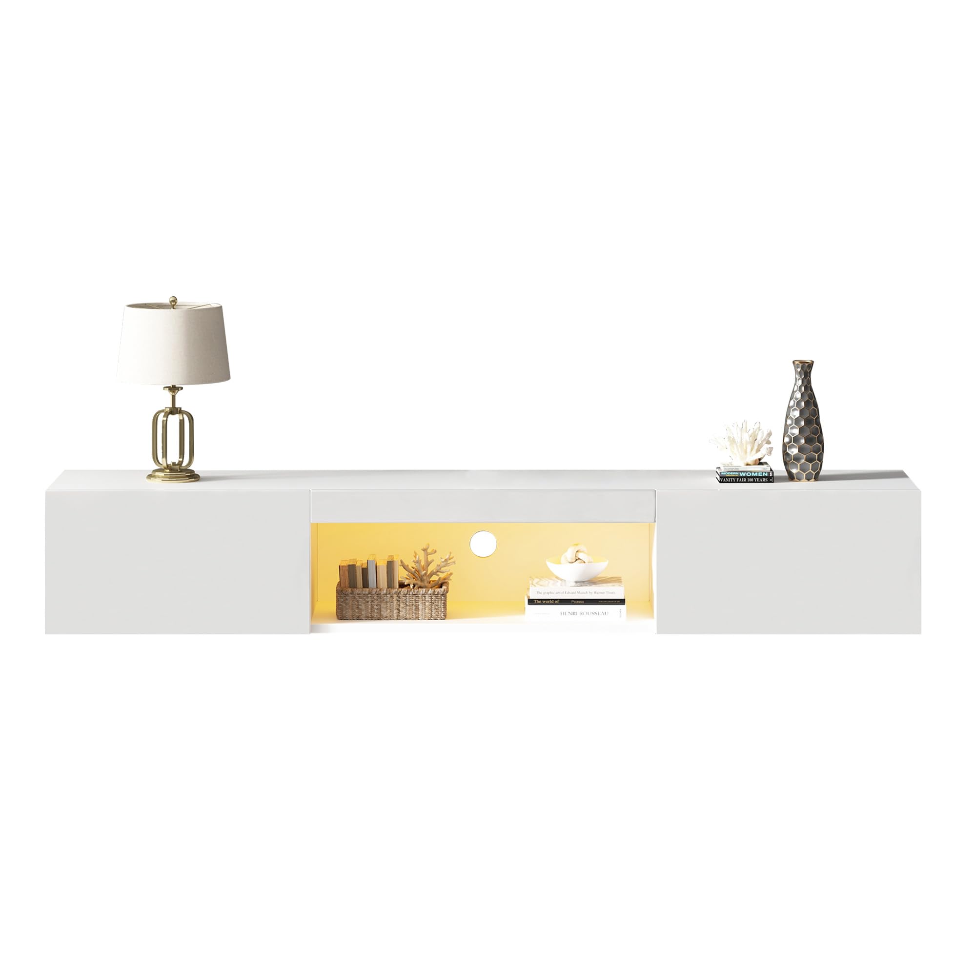 Merax Meuble TV avec éclairage LED, blanc brillant, largeur 160 cm, 2 portes battantes, compartiment ouvert, moderne pour salon, chambre à coucher
