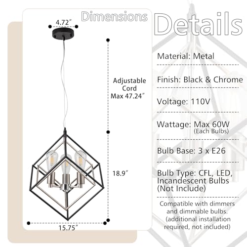 Glarmeres Modern 3-Lights Pendant Light Fixture Mid Centry Modern Geometric Pendant Lighting for Kitchen Island Vintage Black & Chrome Chandelier for Dining Room, Bedroom, Lving Room by Glarmeres - Image 3