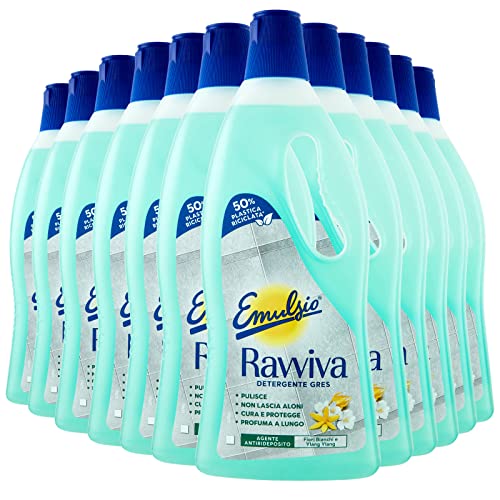 Emulsio Revive Gres - Limpiador de suelos para gres porcelana brillante u mate fórmula con agente antiredeposito protector, perfume de flores blancas y ylang-ylang de larga duración, 12 botellas de